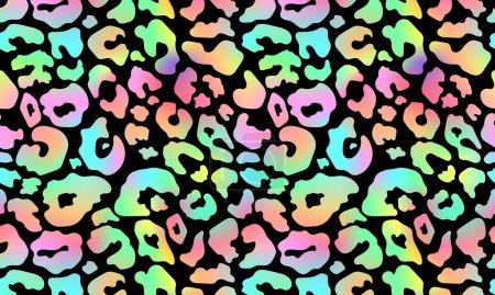 Illustration for Trendy Neon Leopard pattern horizontal background. Vector rainbow wild animal leo skin, gradient cheetah texture with rainbow spots on black background for fashion print design, wallpapers, decor. - Royalty Free Image