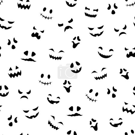 Cute Halloween seamless pattern. Vector pumpkin carved scary faces texture, funny smiling ghost masks black print on white background for decoration, fabric print, web, app, wallpaper, digital paper