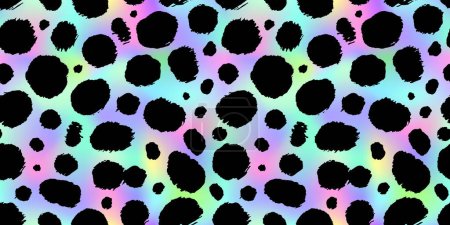 Illustration for Trendy Neon Leopard pattern horizontal background. Vector rainbow wild animal leo skin, gradient cheetah texture with black spots on holographic background for fashion print design, wallpapers. - Royalty Free Image