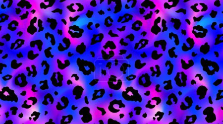Illustration for Trendy Neon Leopard pattern horizontal background. Vector rainbow wild animal leo skin, cheetah texture with black spots on violet gradient background for fashion print design, wallpapers. - Royalty Free Image