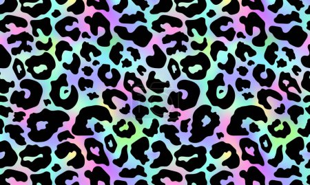 Illustration for Trendy Neon Leopard pattern horizontal background. Vector rainbow wild animal leo skin, gradient cheetah texture with black spots on rainbow background for fashion print design, wallpapers, decor. - Royalty Free Image