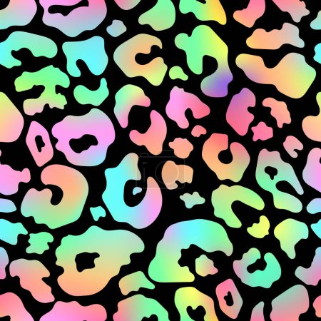 Illustration for Trendy Neon Leopard seamless pattern. Vector rainbow wild animal cheetah skin, gradient leo texture with neon spots on black for fashion print design, decor, wrapping paper, backgrounds. - Royalty Free Image