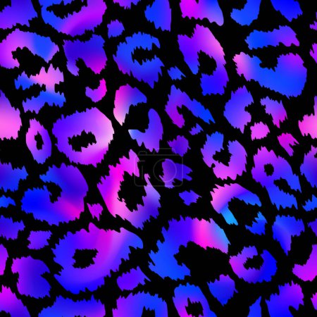 Illustration for Trendy Neon Leopard seamless pattern. Vector purple rainbow wild animal cheetah skin, gradient leo texture with neon spots on black background for fashion print design, textile, wrapping, backgrounds - Royalty Free Image