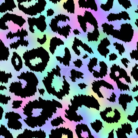 Illustration for Trendy Neon Leopard seamless pattern. Vector rainbow wild animal leo skin, cheetah texture with black spots on iridescent gradient background for fashion print design, textile, wrapping paper. - Royalty Free Image