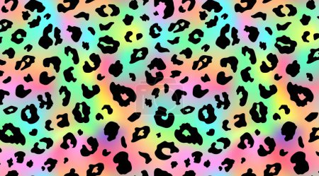 Illustration for Trendy Neon Leopard pattern background. Vector rainbow wild animal leo skin, cheetah texture with black spots on rainbow gradient background for fashion print design, textile, wallpaper. - Royalty Free Image