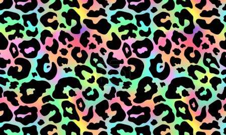 Illustration for Trendy Neon Leopard pattern background. Vector rainbow wild animal leo skin, cheetah texture with black spots on rainbow gradient background for fashion print design, textile, wallpaper. - Royalty Free Image