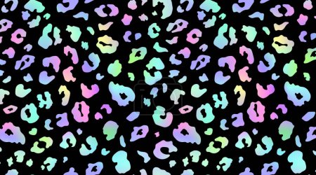 Illustration for Trendy Neon Leopard pattern horizontal background. Vector rainbow wild animal leo skin, gradient cheetah texture with rainbow spots on black background for fashion print design, wallpapers, decor. - Royalty Free Image