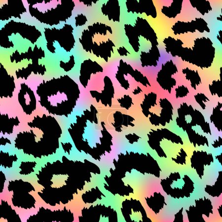 Illustration for Trendy Neon Leopard seamless pattern. Vector rainbow wild animal leo skin, cheetah texture with hand drawn black spots on gradient background for fashion print design, textile, wrapping paper. - Royalty Free Image