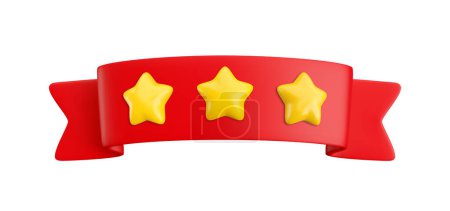 Illustration for Vector Realistic 3d red ribbon with gold stars isolated on white background. Vintage design element, decorative sticker. Cartoon 3d shiny ribbon for sale banner, advert, game, app. - Royalty Free Image