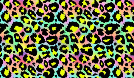 Illustration for Trendy Neon Leopard pattern horizontal background. Vector rainbow wild animal leo skin, gradient cheetah texture with black yellow spots on holographic background for fashion print design, wallpapers. - Royalty Free Image