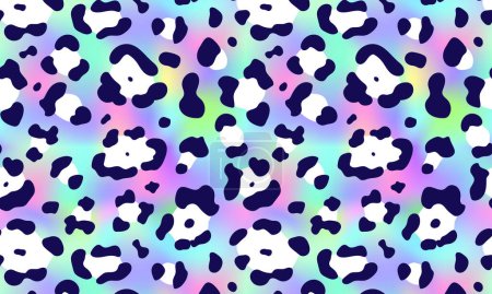 Illustration for Trendy Neon Leopard pattern horizontal background. Vector rainbow wild animal leo skin, gradient cheetah texture with blue and white spots on rainbow background for fashion print design, wallpapers. - Royalty Free Image