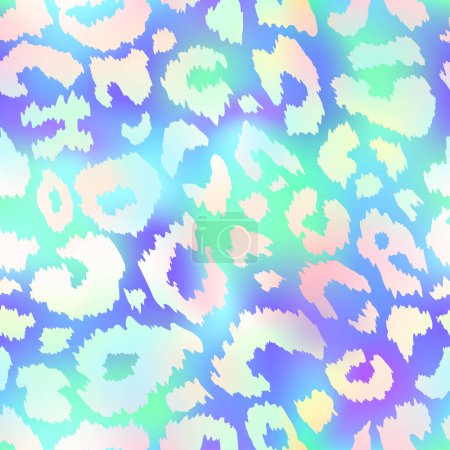 Illustration for Trendy Neon Leopard seamless pattern. Vector rainbow wild animal cheetah skin, gradient leo texture with neon spots on holographic blue background for fashion print design, backgrounds, wrapping paper - Royalty Free Image