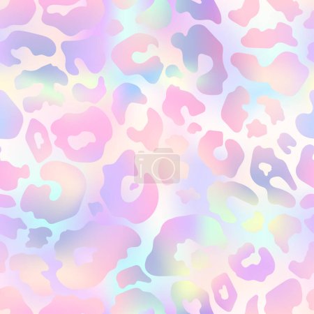 Illustration for Trendy holographic Leopard seamless pattern. Vector pastel rainbow wild animal cheetah skin, gradient leo texture, neon spots on iridescent pink background for fashion print design, wrapping, decor. - Royalty Free Image
