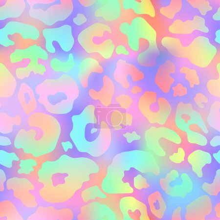 Illustration for Trendy Neon Leopard seamless pattern. Vector rainbow wild animal cheetah skin, gradient leo texture with neon spots on holographic pink background for fashion print design, backgrounds, wrapping paper - Royalty Free Image