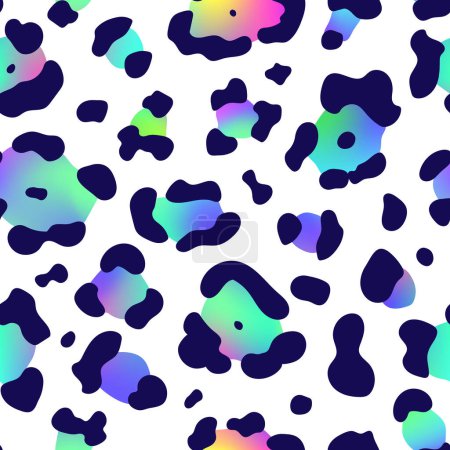 Illustration for Trendy Neon Leopard seamless pattern. Vector shiny gradient wild animal leo skin, cheetah texture with hand drawn spots on white background for fashion print design, textile, wrapping paper. - Royalty Free Image
