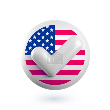 Vecteur réaliste 3d États-Unis insigne de tour de scrutin électoral. Coche blanche sur cercle avec fond de drapeau américain. Épinglette élection présidentielle 2024 US 3d render.