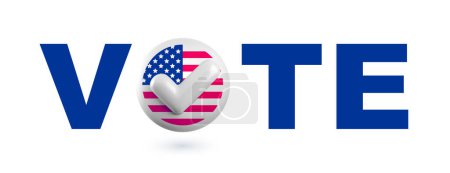 USA election vote word with checkmark symbol. Realistic vector 3d voting round badge with American flag. US 2024 politic presidential election campaign pin 3d render, ballot sign.