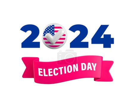 Konzept für den Wahltag in den USA. 2024 Zahlen mit Häkchensymbol und roter Schleife. Realistisches Vektor-3D-Wahlabzeichen mit amerikanischer Flagge. Politischer Präsidentschaftswahlkampf in den USA 2024.
