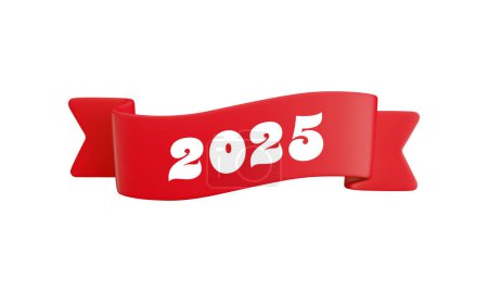 Vector Cartoon 3D rotes Band mit Zahlen 2025, realistisches 3D-Gestaltungselement für Abschlussdesign, Jahrbuch, Neujahrskarte, Weihnachtsdesign.