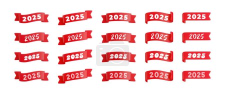 Illustration for Vector cartoon 3d red folded ribbons set with numbers 2025, realistic 3d design elements for graduation design, yearbook, new year greeting card, Christmas design. - Royalty Free Image
