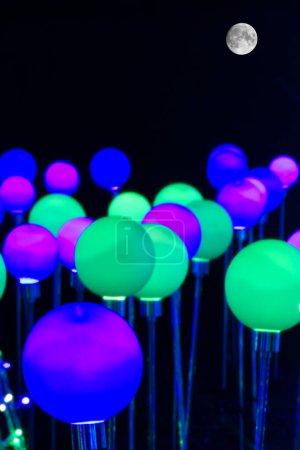 Foto de Bombillas de luz azul, verde y rosa en el cielo nocturno bajo la luna - espectáculo de luz moderna - Imagen libre de derechos