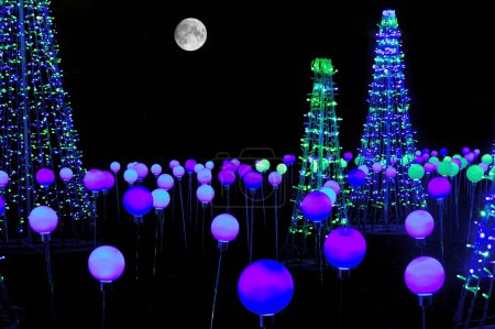Foto de Bombillas de colores y cadenas de luces bajo la luna - espectáculo de luz moderna - Imagen libre de derechos
