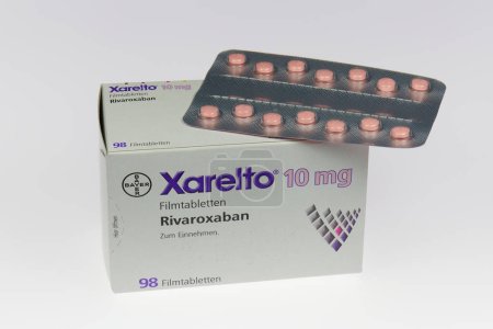Photo for Package of Xarelto tablets. Medicine and prophylaxis with agent Rivaroxaban against thrombosis from Bayer company, Germany. For editorial use only. - Royalty Free Image