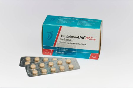 Photo for Package of Venlafaxin medicine from Dexcel company, Germany. Antidepressant against depression, melancholy and other psychological illness factors. Only additorial use. - Royalty Free Image