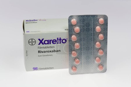 Photo for Package of Xarelto tablets. Medicine and prophylaxis with agent Rivaroxaban against thrombosis from Bayer company, Germany. For editorial use only. - Royalty Free Image