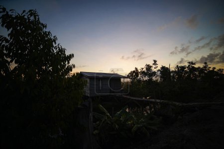 beau ciel le matin avec la silhouette de la maison des transmigrants dans le nord du Kalimantan