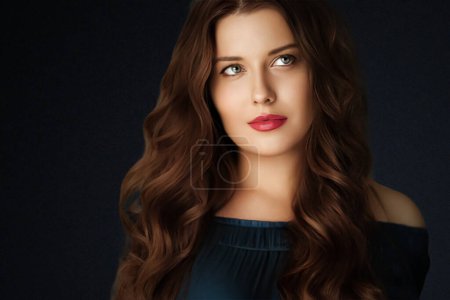 Photo for Beauty, makeup and skincare, face portrait of beautiful woman with long hairstyle on black background for luxury cosmetics, wellness or glamour fashion look - Royalty Free Image