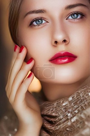 Photo for Beauty, makeup and glamour, face portrait of beautiful woman with manicure and red lipstick make-up wearing gold for luxury cosmetics, style and fashion look - Royalty Free Image