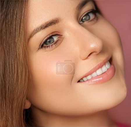 Beauté, maquillage et soins de la peau modèle cosmétique visage portrait sur fond rose, femme souriante avec maquillage naturel, dents saines parfaites, soins dentaires gros plan