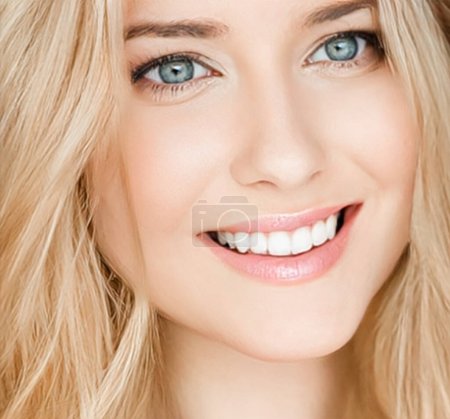 Photo for Beautiful blonde woman smiling, white teeth smile. - Royalty Free Image