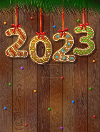 Photo for New Year 2023 in shape of gingerbread against wood background. Year number like cookies on ribbon. Vector illustration for christmas, new years day, cooking, winter holiday, food, silvester, etc - Royalty Free Image