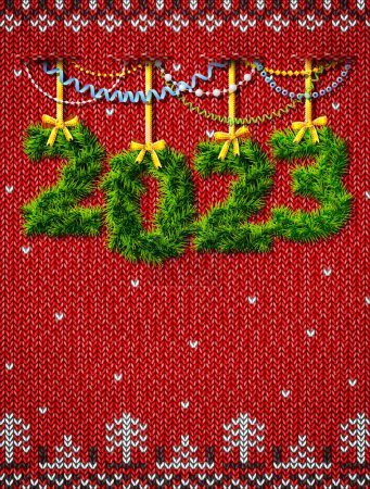 Téléchargez les illustrations : Nouvel An 2023 de brindilles comme ornement de Noël. Fond tricoté de Noël avec espace de copie et décoration. Illustration vectorielle pour le jour de l'an, Noël, vacances d'hiver, réveillon du Nouvel An, silvester, etc. - en licence libre de droit