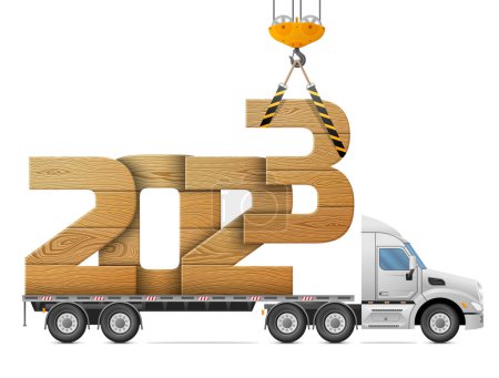 Illustration for Crane loads New Year 2023 of wood. Big wooden year number in back of truck. Vector image for new years day, christmas, transportation, winter holiday, new years eve, trucking, silvester, etc - Royalty Free Image