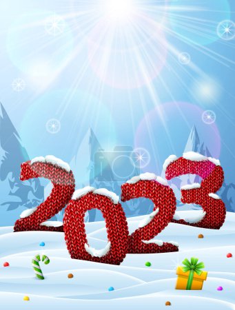 Téléchargez les illustrations : Nouvel An 2023 en forme de tricot dans la neige. Paysage d'hiver avec numéro d'année au crochet, éclairage supérieur. Image vectorielle pour le jour de l'an, Noël, vacances d'hiver, tricot, Nouvel An, Silvester - en licence libre de droit