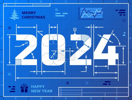 Illustration for Card of New Year 2024 as blueprint drawing. Stylized drafting of 2024 on blueprint paper. Vector illustration for new years day, christmas, winter holiday, new years eve, engineering, silvester, etc - Royalty Free Image