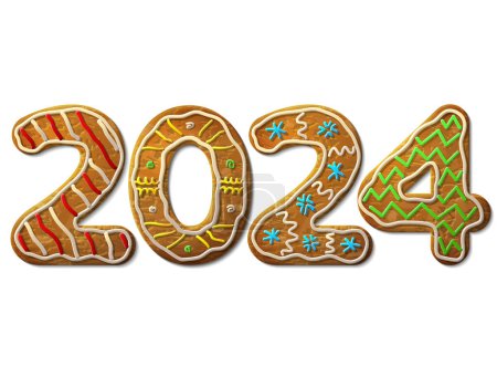 Ilustración de Año Nuevo 2024 en forma de pan de jengibre aislado en blanco. Número de año como galletas. Elemento de diseño vectorial para el día de año nuevo, Navidad, vacaciones de invierno, cocina, víspera de año nuevo, comida, silvestre, etc. - Imagen libre de derechos