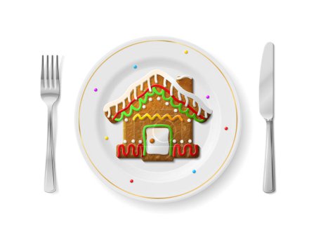 Illustration for Gingerbread house is on white plate with fork and knife, top view. Dinner plate with holiday cookie inside and cutlery set on sides. Vector image about christmas, cooking, table setting, new years day, restaurant service, winter holiday, food, etc - Royalty Free Image
