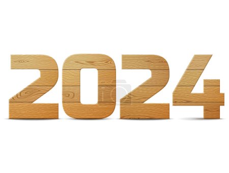 Illustration for New Year 2024 of wood isolated on white background. Wooden planks in shape of year number. Design element for new years day, christmas, woodworking, winter holiday, new years eve, silvester, etc - Royalty Free Image