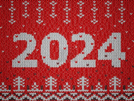Téléchargez les illustrations : Carte du Nouvel An 2024 avec texture tricotée. Fragment de pull de Noël avec 2024 Nouvel An. Illustration vectorielle pour le jour de l'an, Noël, vacances d'hiver, réveillon du Nouvel An, tricot, silvester, etc. - en licence libre de droit