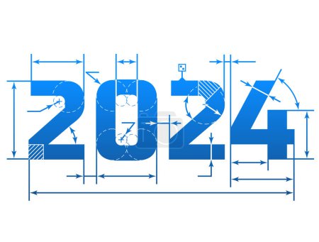 New Year 2024 number with dimension lines. Element of blueprint drawing in shape of 2024 year. Vector design element for new years day, christmas, winter holiday, engineering, new years eve, etc