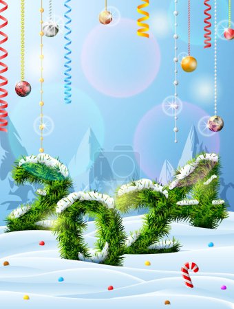 Photo for New Year 2024 of christmas tree twigs in snow. Winter landscape with pine branches, decoration. Vector image for new years day, christmas, winter holiday, new years eve, silvester, etc - Royalty Free Image