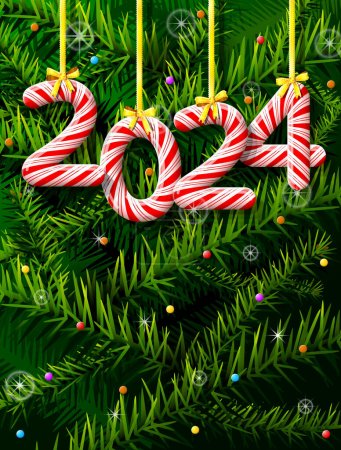 Illustration for New Year 2024 in shape of candy stick against pine branches. Year number like holiday candies. Vector illustration for new years day, christmas, winter holiday, sweet-stuff, new years eve, food, etc - Royalty Free Image