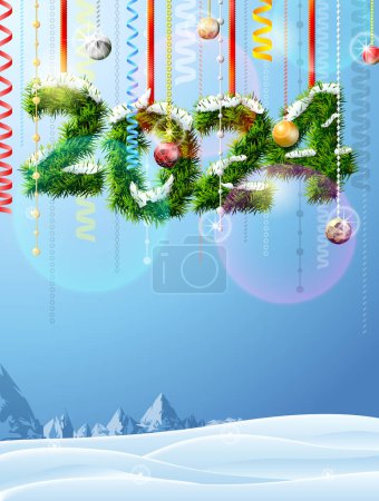 Téléchargez les illustrations : Nouvel An 2024 de brindilles comme ornement de Noël. Paysage hivernal avec espace de copie. Illustration vectorielle pour le jour de l'an, Noël, vacances d'hiver, réveillon du Nouvel An, silvester, etc. - en licence libre de droit
