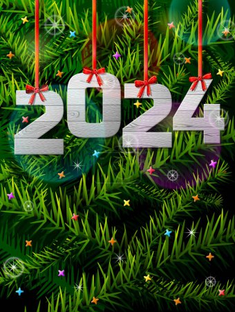 Illustration for New Year 2024 of white wood against pine branches. Year number like christmas decoration on ribbon. Vector illustration for new years day, christmas, holiday template, new years eve, silvester, etc - Royalty Free Image