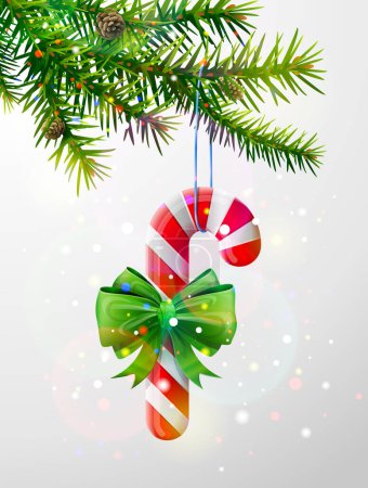Illustration for Christmas tree branch with candy cane decorated ribbon. Striped candy stick with bow hanging on pine twig. Vector image for new years day, christmas, winter holiday, decoration, new years eve, design, etc - Royalty Free Image
