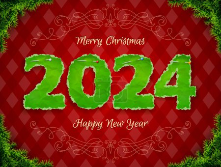 Illustration for New Year 2024 of crumpled paper pinned pin. Paper numbers with torn edge surrounded by pine twigs. Vector illustration for new years day, christmas, winter holiday, new years eve, silvester, etc - Royalty Free Image